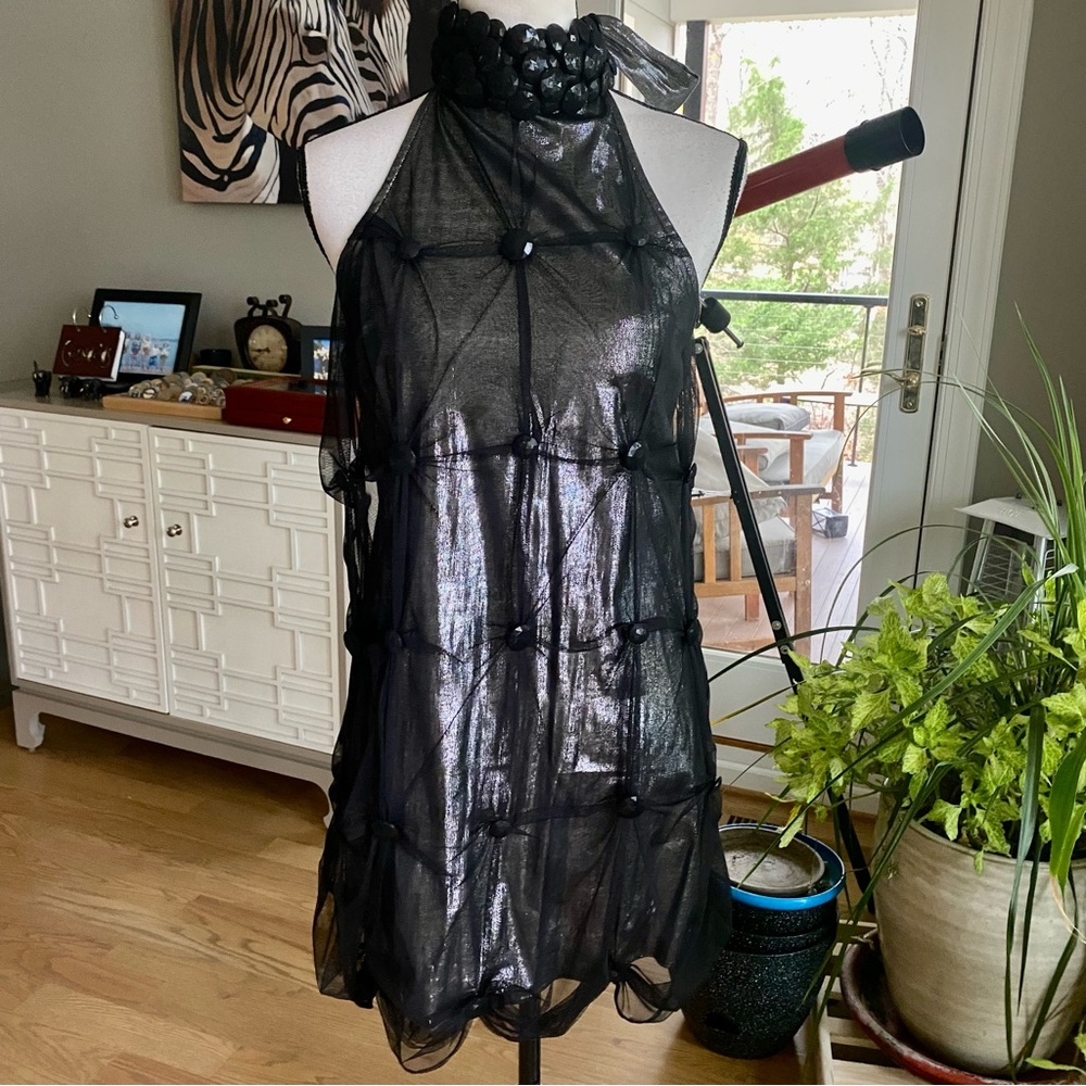 ALICE +OLIVIA. Black Sheer, w/ Silver under ! SEXY! Beaded Hi-Neck —STUNNING !